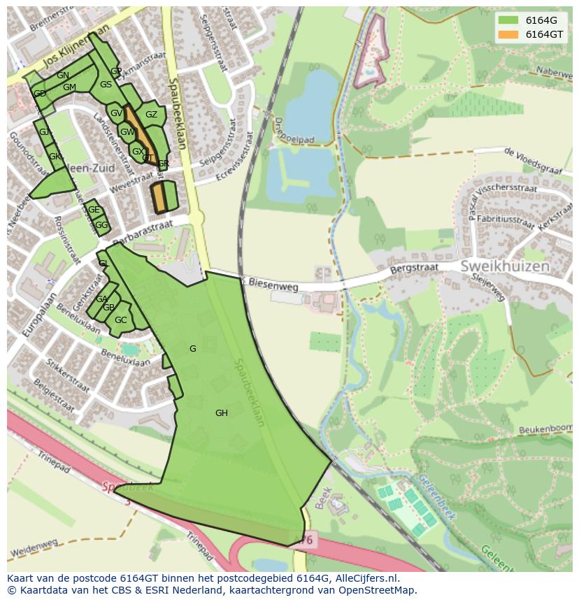 Afbeelding van het postcodegebied 6164 GT op de kaart.