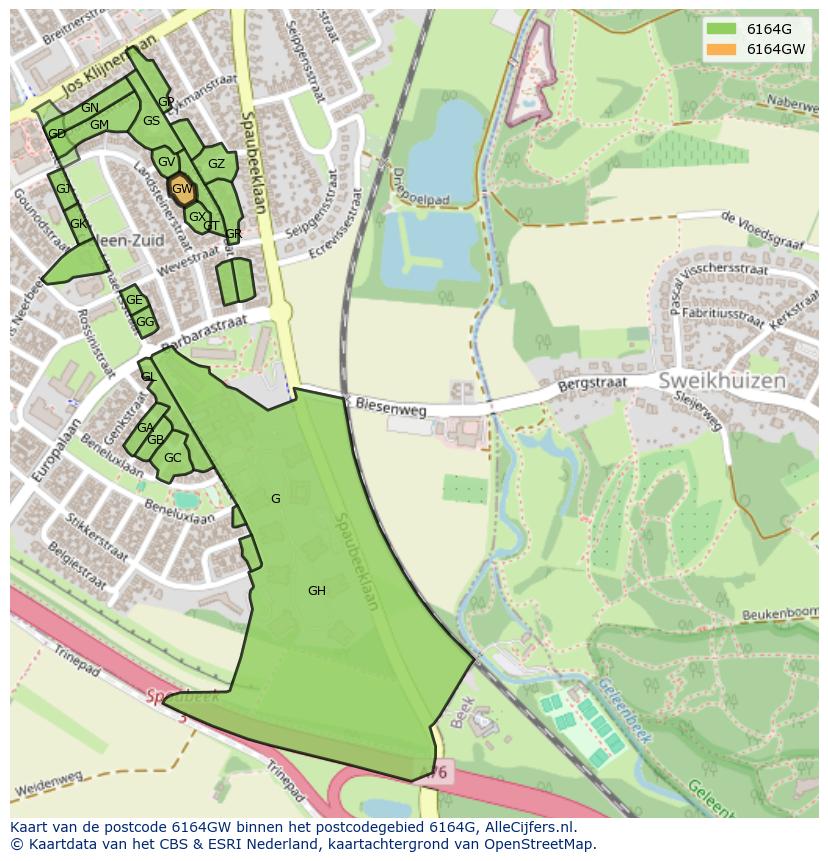 Afbeelding van het postcodegebied 6164 GW op de kaart.