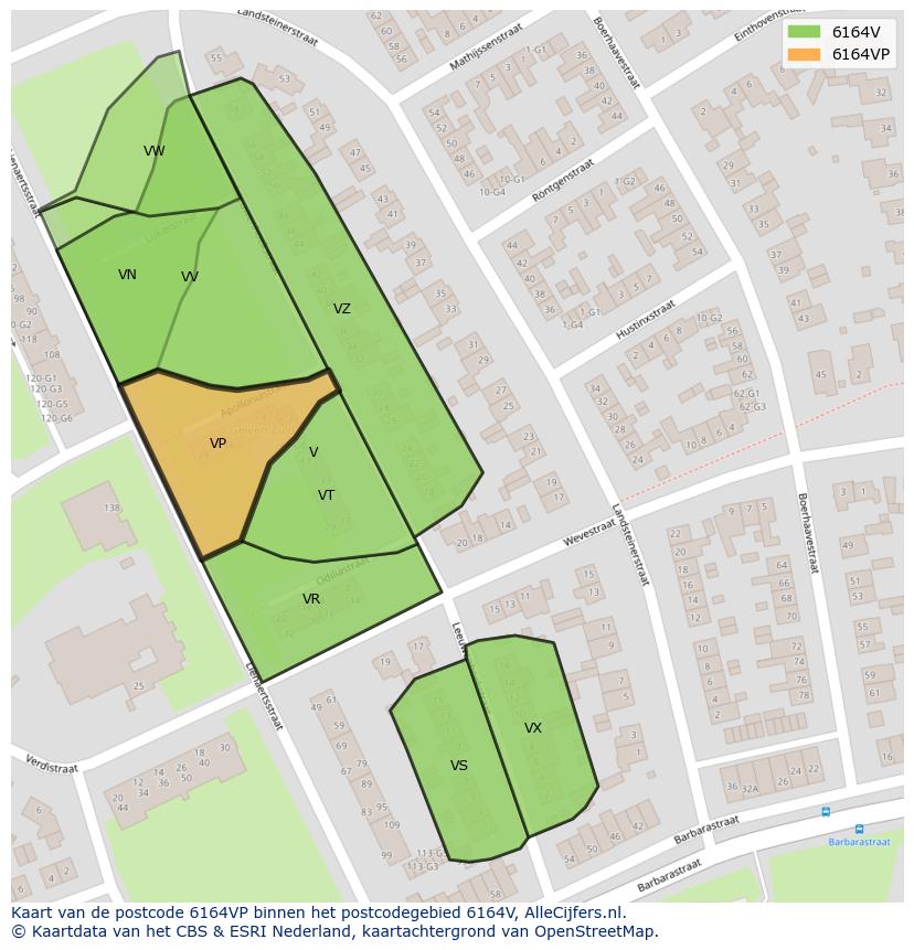 Afbeelding van het postcodegebied 6164 VP op de kaart.