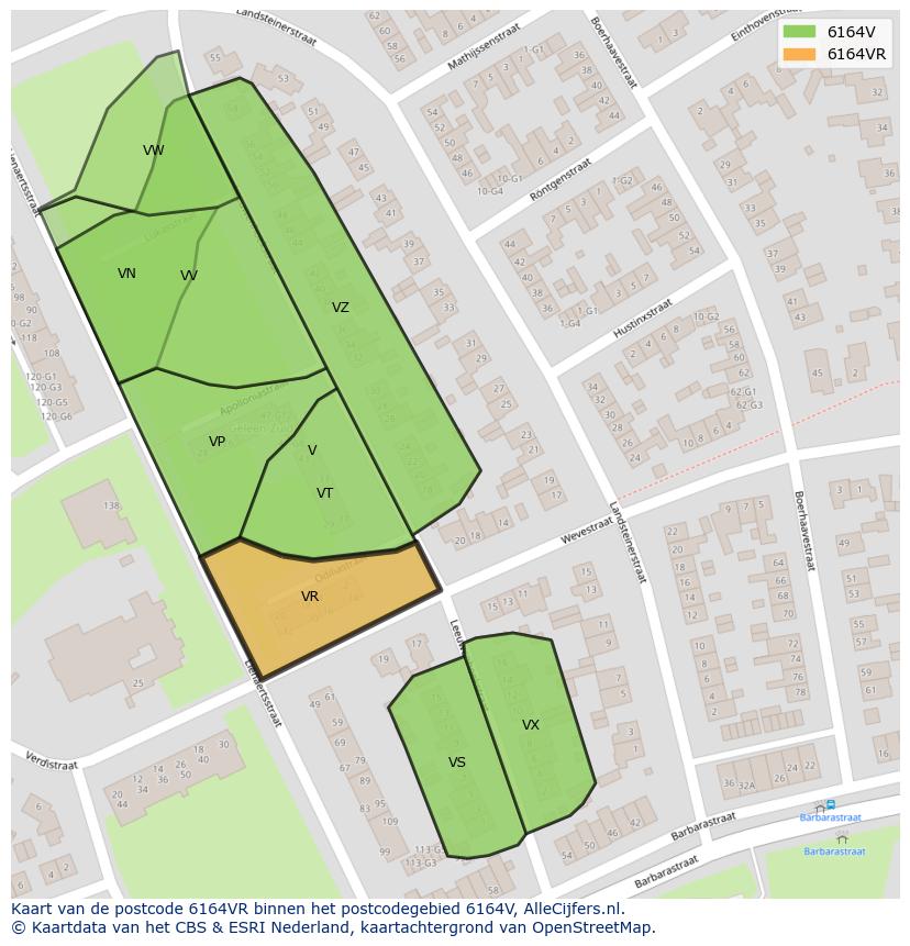 Afbeelding van het postcodegebied 6164 VR op de kaart.