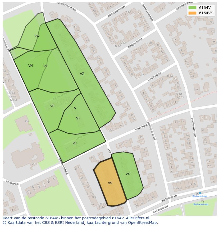 Afbeelding van het postcodegebied 6164 VS op de kaart.