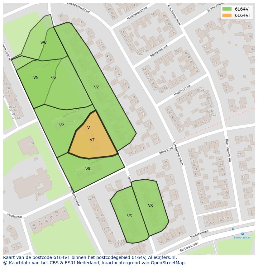 Afbeelding van het postcodegebied 6164 VT op de kaart.