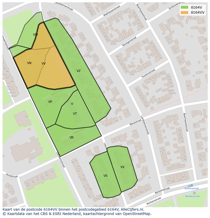 Afbeelding van het postcodegebied 6164 VV op de kaart.