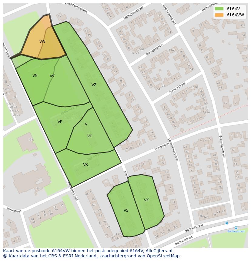 Afbeelding van het postcodegebied 6164 VW op de kaart.