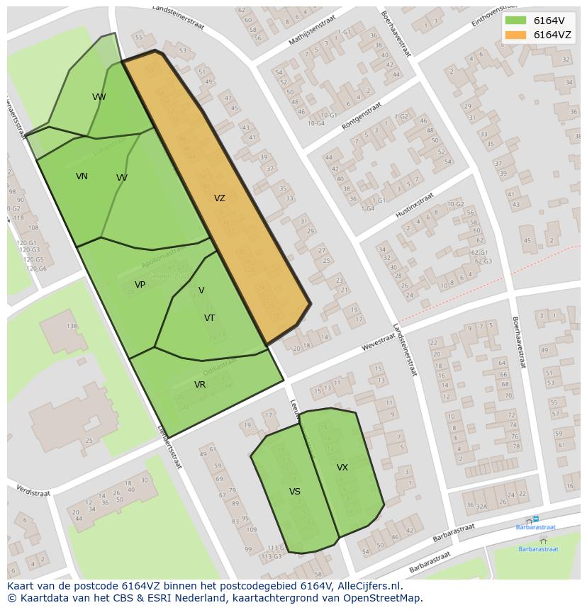 Afbeelding van het postcodegebied 6164 VZ op de kaart.