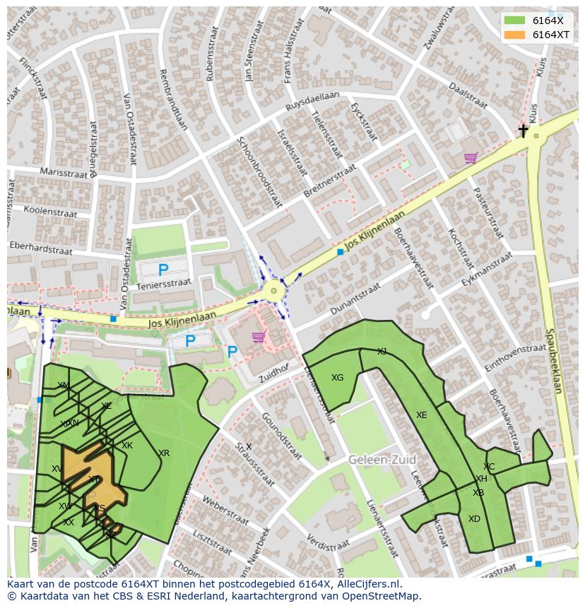 Afbeelding van het postcodegebied 6164 XT op de kaart.