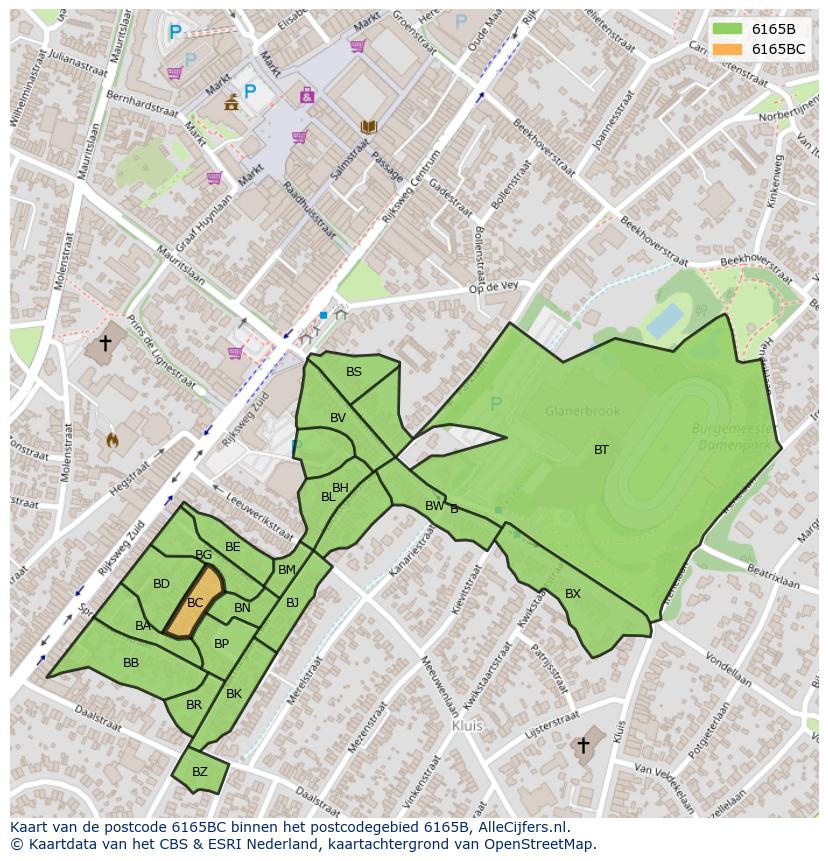 Afbeelding van het postcodegebied 6165 BC op de kaart.