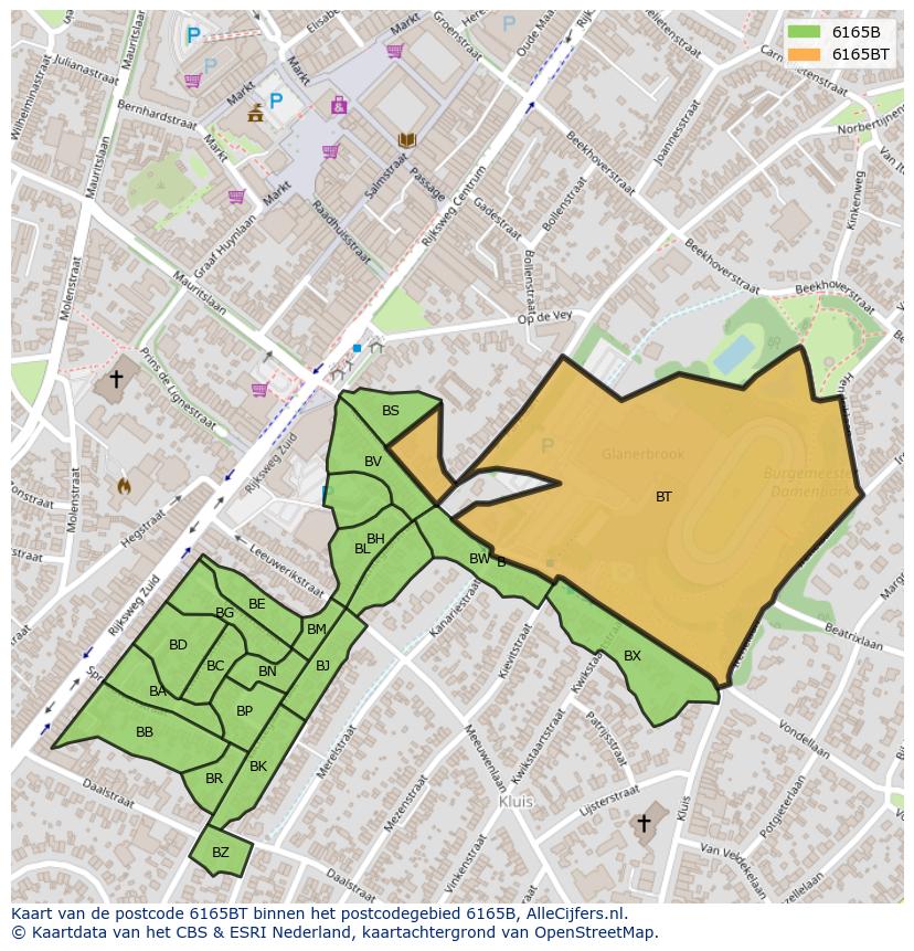Afbeelding van het postcodegebied 6165 BT op de kaart.