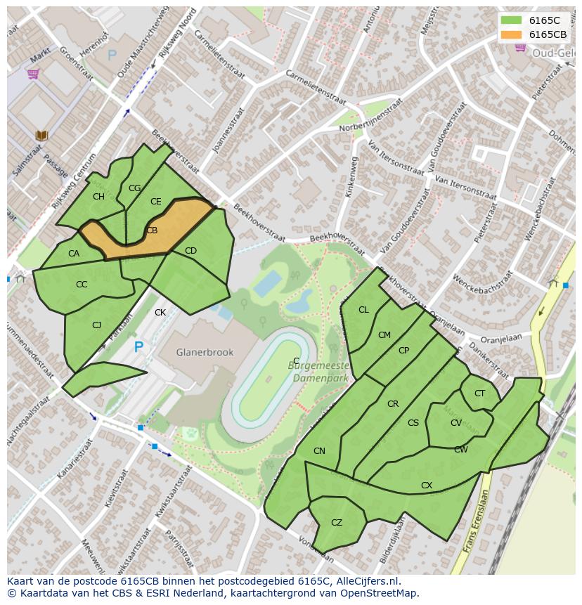 Afbeelding van het postcodegebied 6165 CB op de kaart.