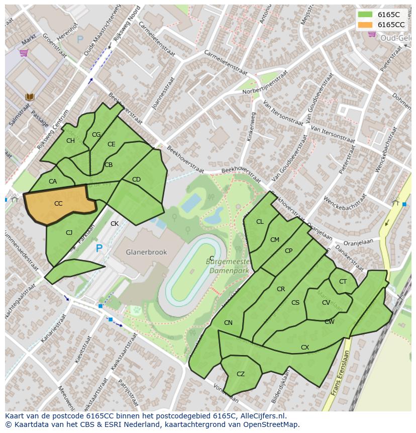 Afbeelding van het postcodegebied 6165 CC op de kaart.
