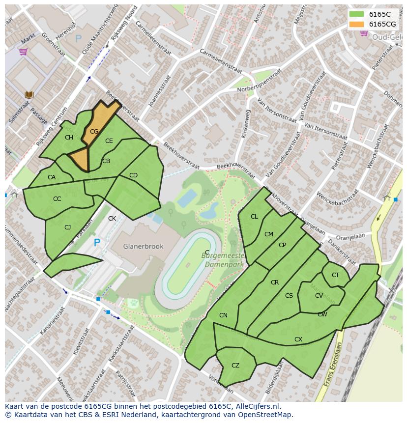 Afbeelding van het postcodegebied 6165 CG op de kaart.