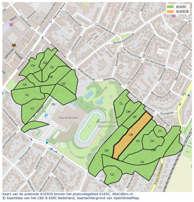 Afbeelding van het postcodegebied 6165 CR op de kaart.