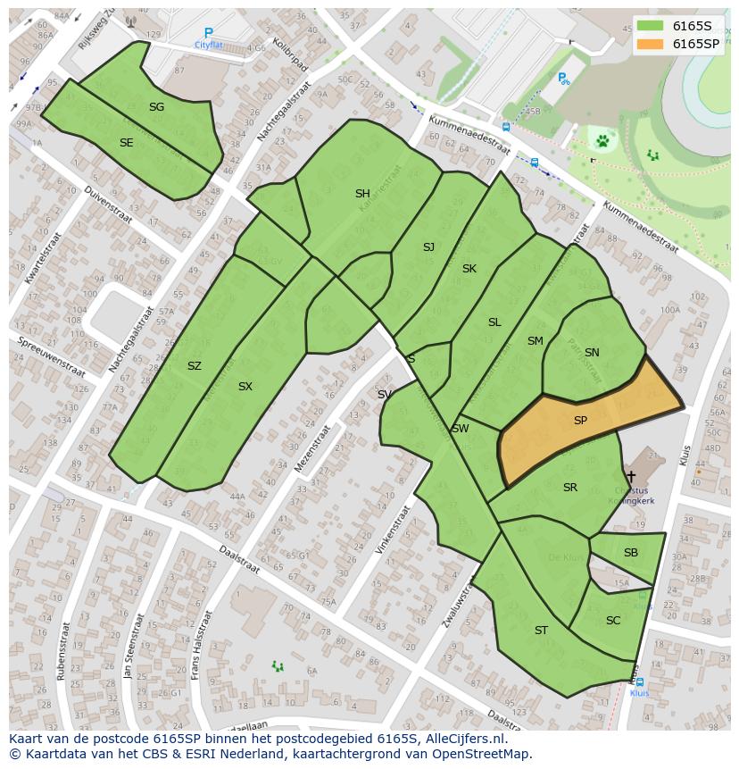 Afbeelding van het postcodegebied 6165 SP op de kaart.