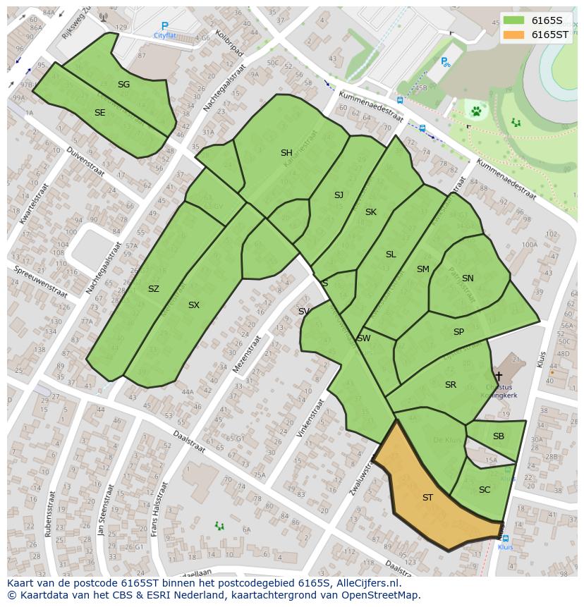 Afbeelding van het postcodegebied 6165 ST op de kaart.