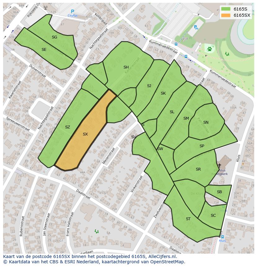 Afbeelding van het postcodegebied 6165 SX op de kaart.