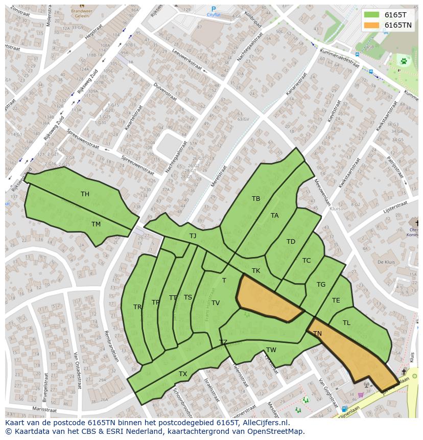 Afbeelding van het postcodegebied 6165 TN op de kaart.