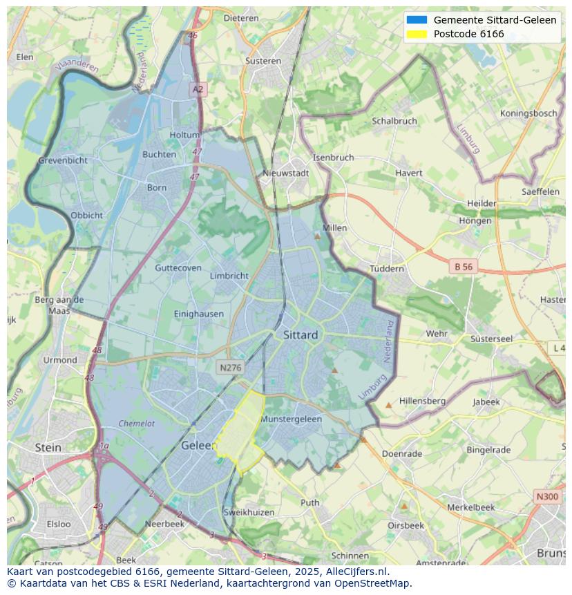 Afbeelding van het postcodegebied 6166 op de kaart.