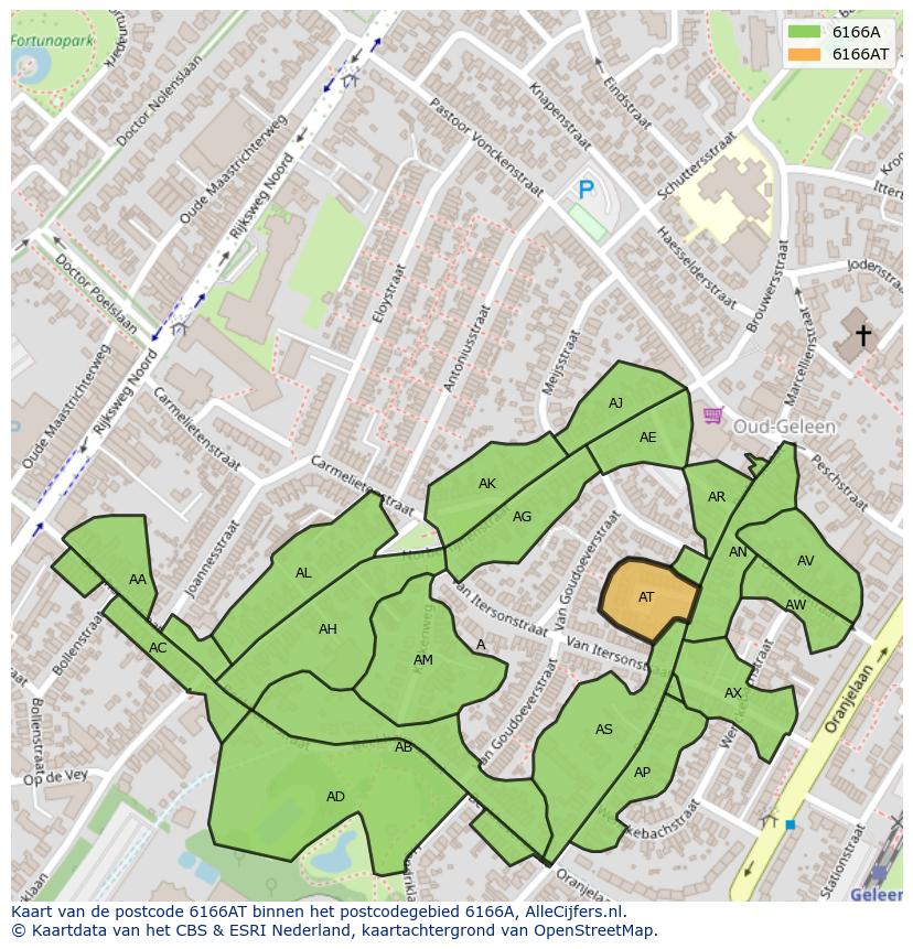 Afbeelding van het postcodegebied 6166 AT op de kaart.
