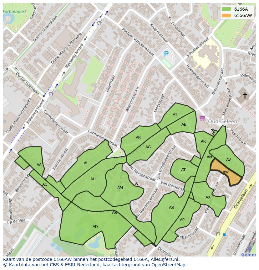 Afbeelding van het postcodegebied 6166 AW op de kaart.