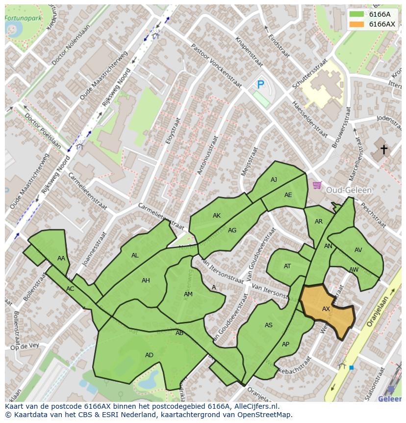 Afbeelding van het postcodegebied 6166 AX op de kaart.
