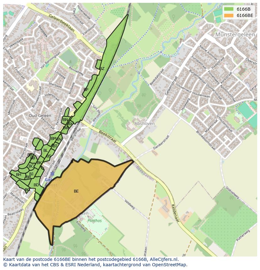 Afbeelding van het postcodegebied 6166 BE op de kaart.