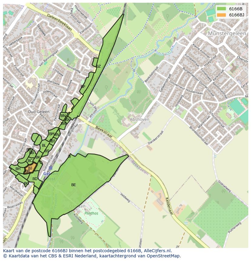 Afbeelding van het postcodegebied 6166 BJ op de kaart.