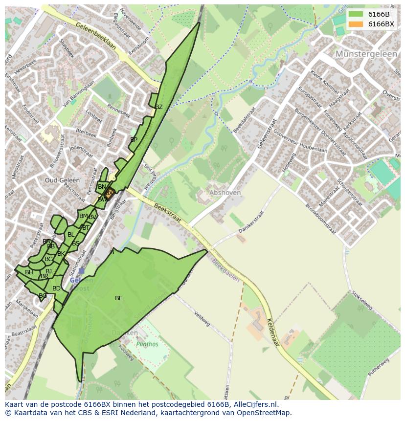 Afbeelding van het postcodegebied 6166 BX op de kaart.