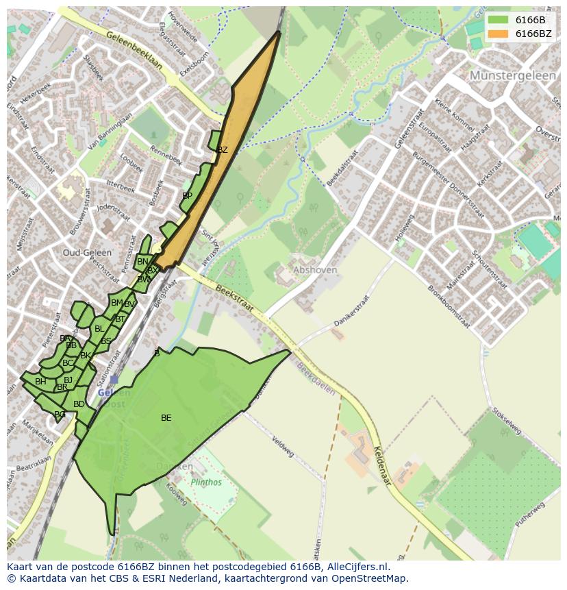 Afbeelding van het postcodegebied 6166 BZ op de kaart.