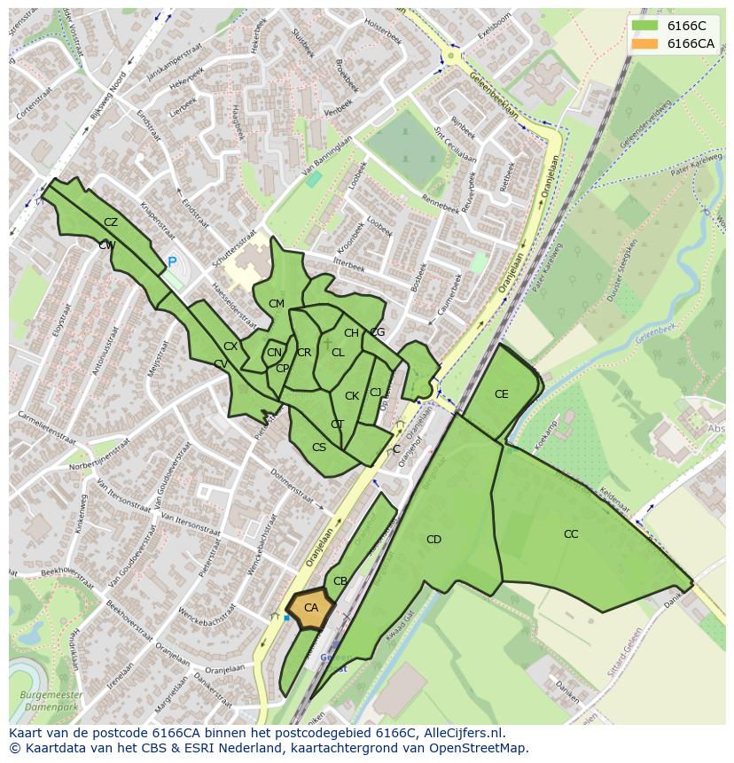 Afbeelding van het postcodegebied 6166 CA op de kaart.