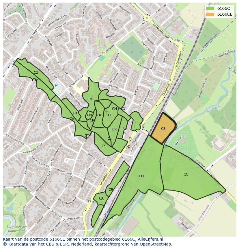 Afbeelding van het postcodegebied 6166 CE op de kaart.