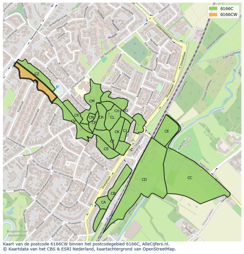 Afbeelding van het postcodegebied 6166 CW op de kaart.