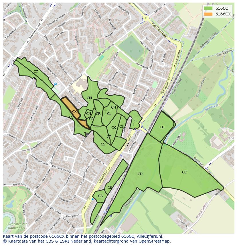 Afbeelding van het postcodegebied 6166 CX op de kaart.