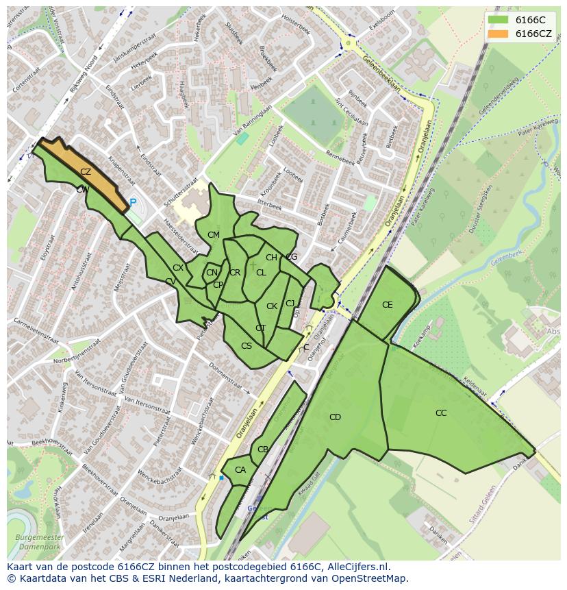 Afbeelding van het postcodegebied 6166 CZ op de kaart.