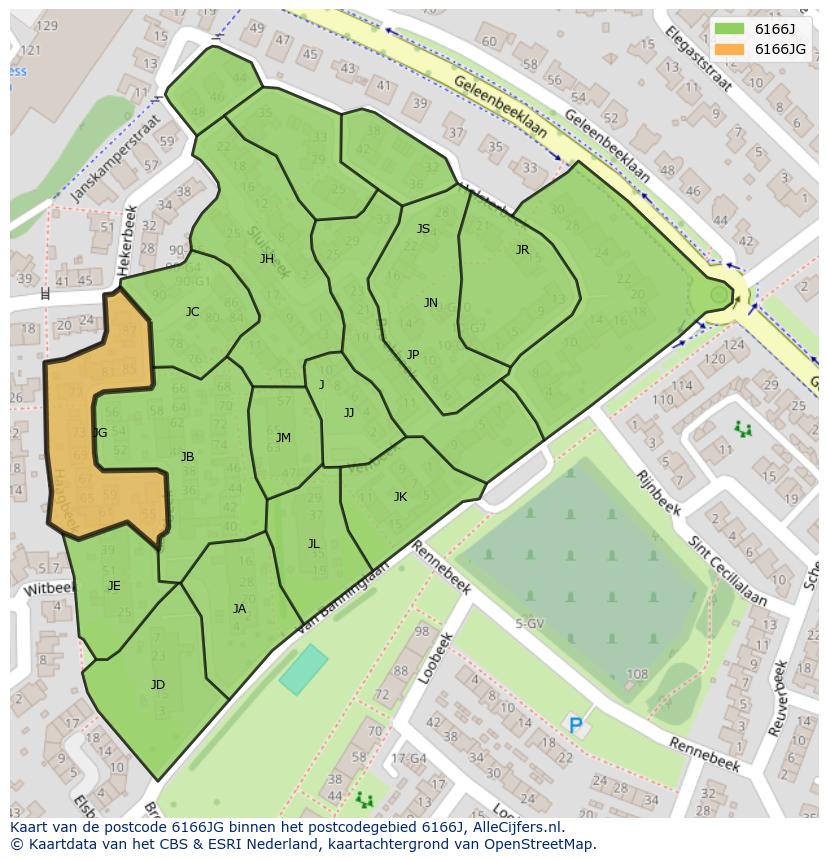 Afbeelding van het postcodegebied 6166 JG op de kaart.