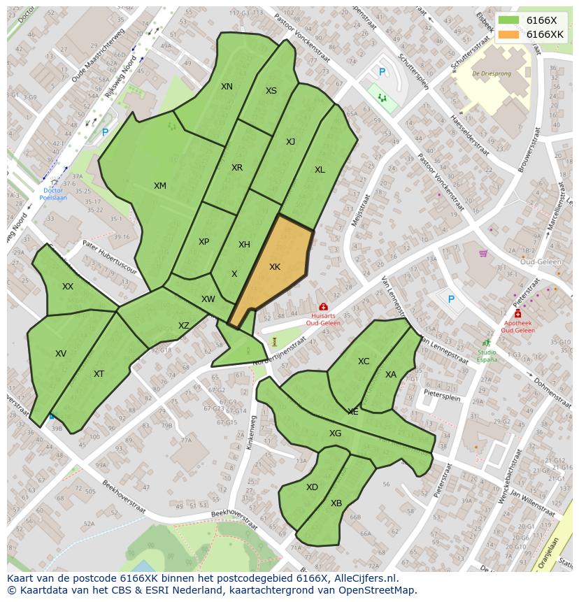 Afbeelding van het postcodegebied 6166 XK op de kaart.