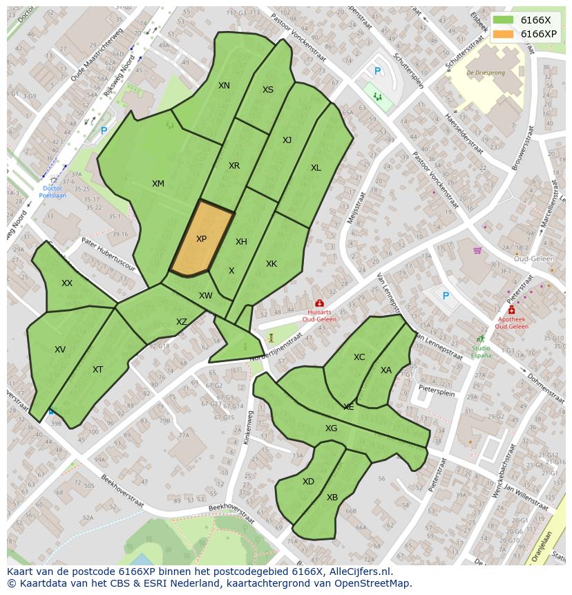 Afbeelding van het postcodegebied 6166 XP op de kaart.