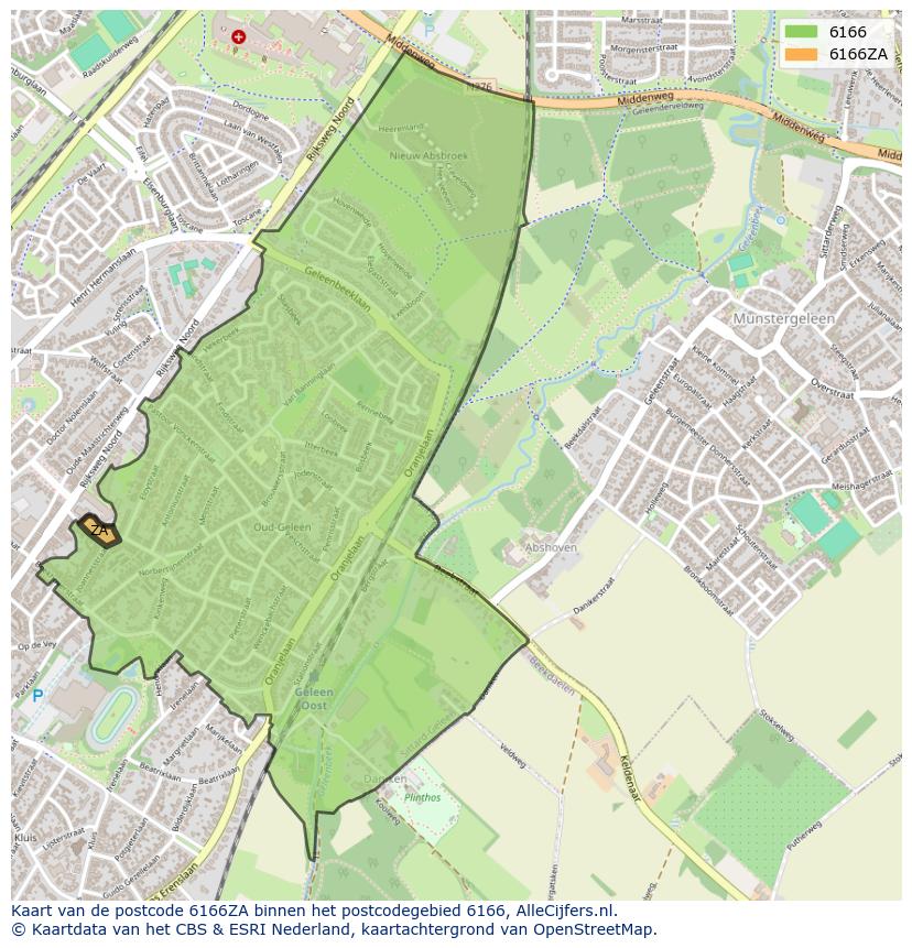Afbeelding van het postcodegebied 6166 ZA op de kaart.