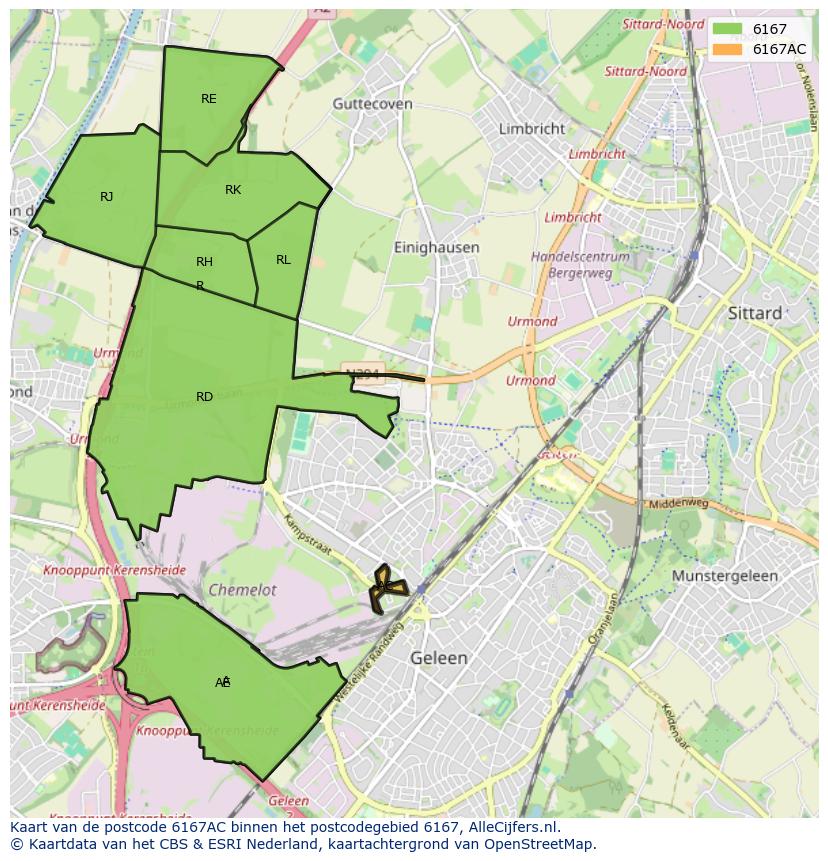 Afbeelding van het postcodegebied 6167 AC op de kaart.