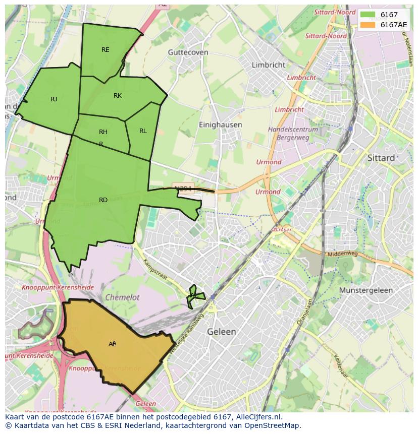 Afbeelding van het postcodegebied 6167 AE op de kaart.