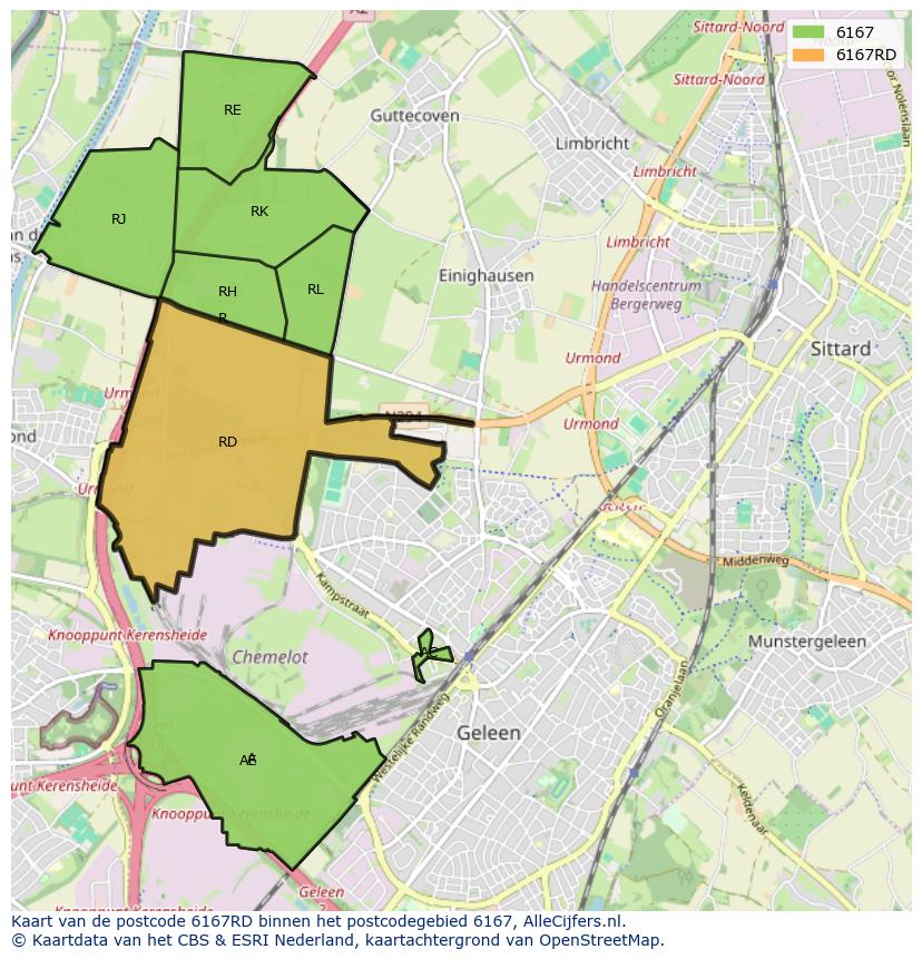 Afbeelding van het postcodegebied 6167 RD op de kaart.
