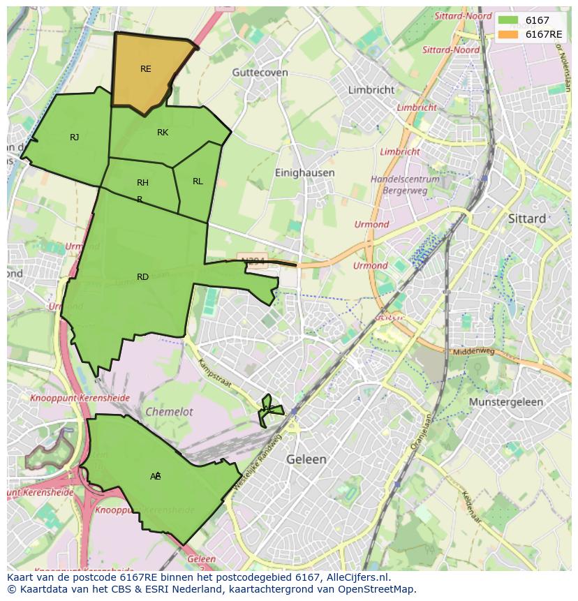 Afbeelding van het postcodegebied 6167 RE op de kaart.