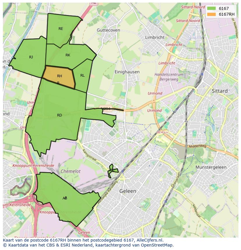 Afbeelding van het postcodegebied 6167 RH op de kaart.