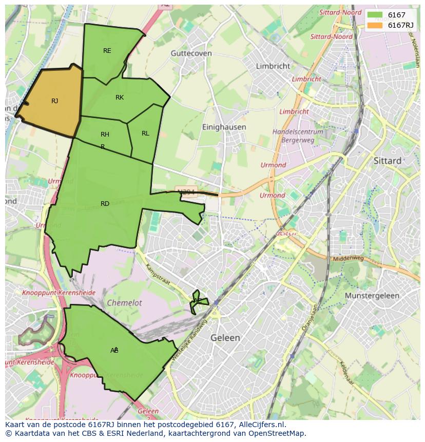 Afbeelding van het postcodegebied 6167 RJ op de kaart.