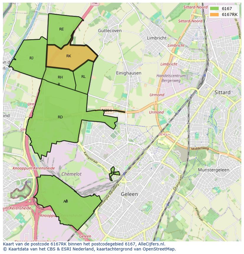 Afbeelding van het postcodegebied 6167 RK op de kaart.