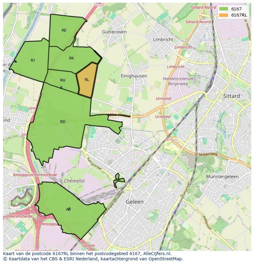 Afbeelding van het postcodegebied 6167 RL op de kaart.