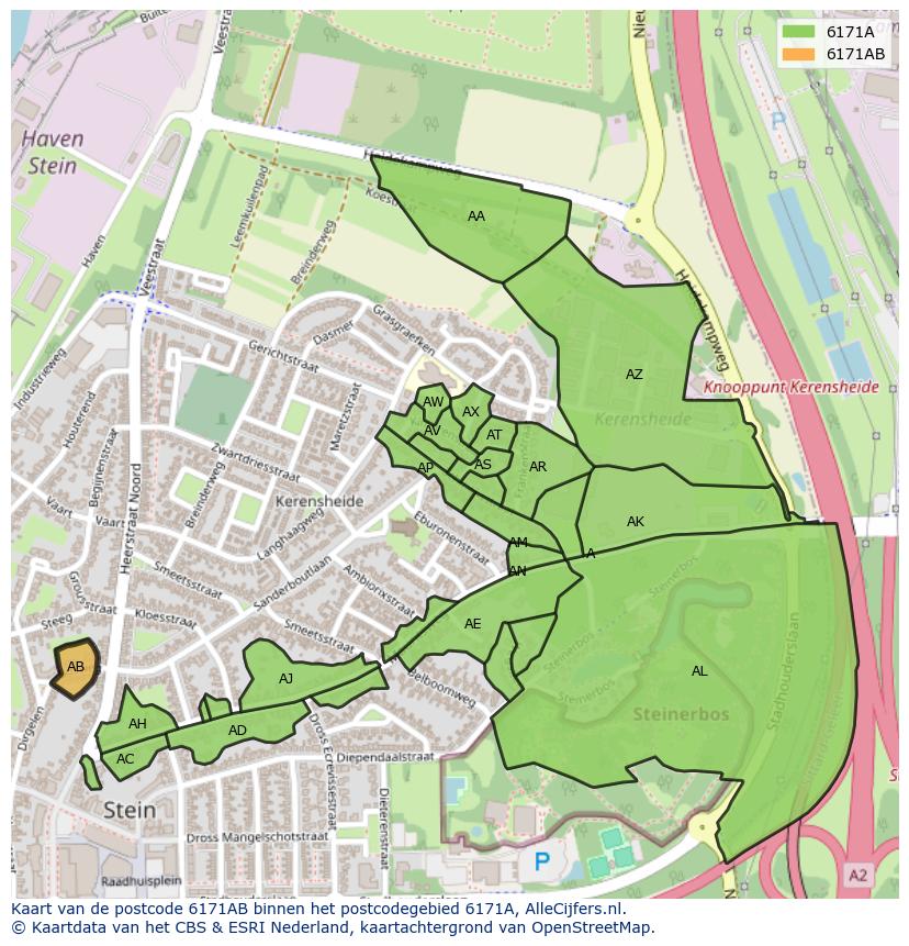 Afbeelding van het postcodegebied 6171 AB op de kaart.