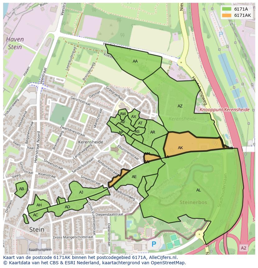 Afbeelding van het postcodegebied 6171 AK op de kaart.