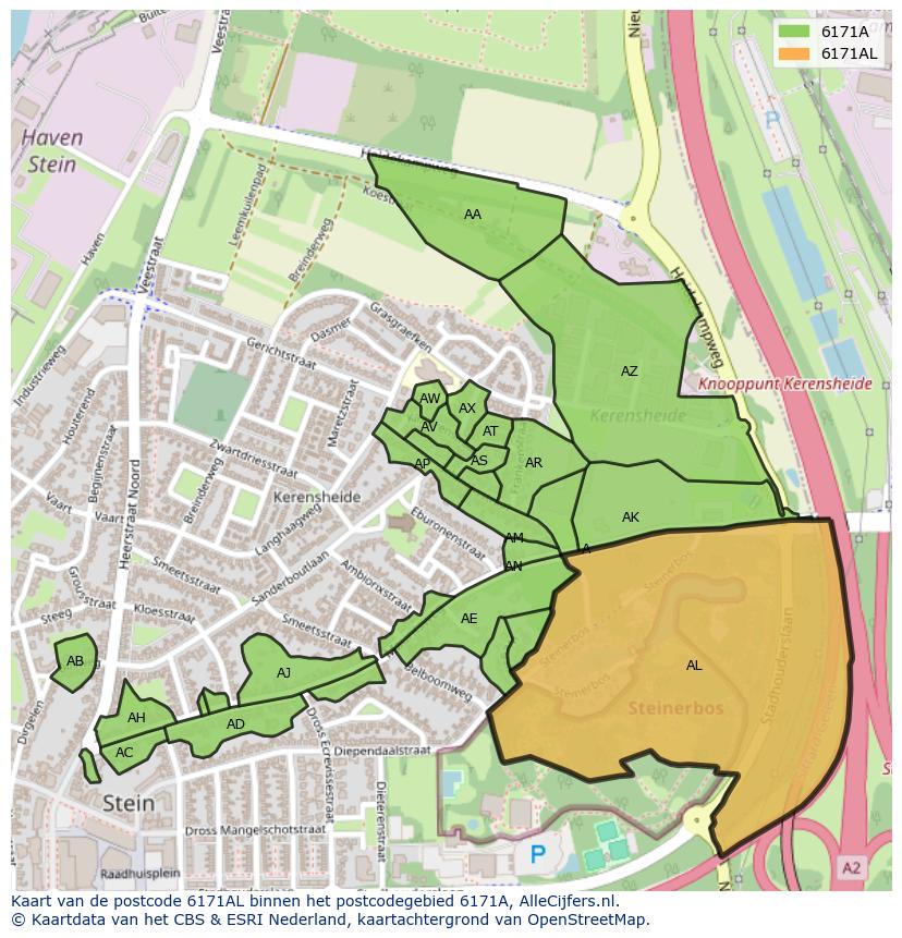 Afbeelding van het postcodegebied 6171 AL op de kaart.