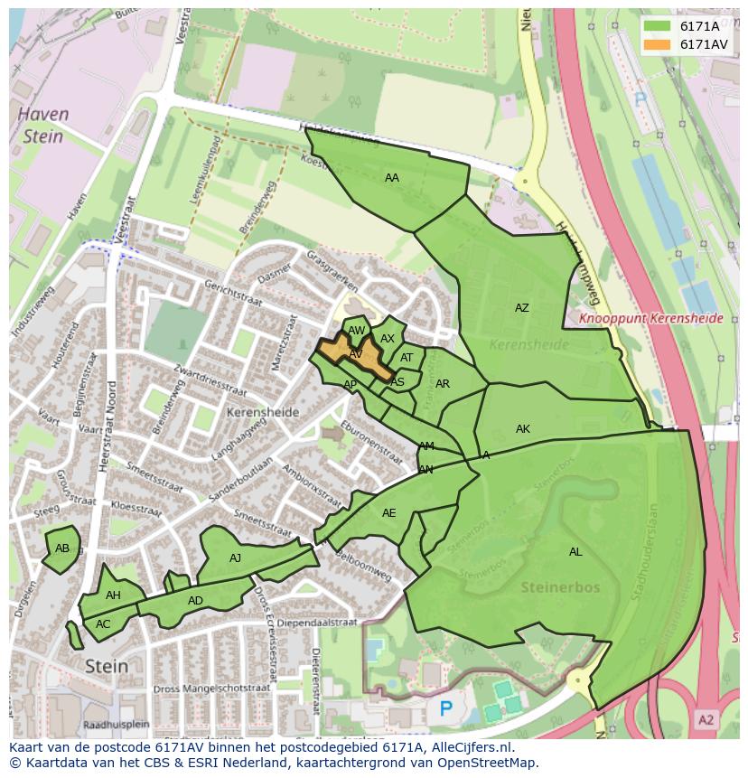 Afbeelding van het postcodegebied 6171 AV op de kaart.