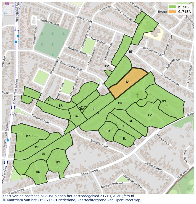 Afbeelding van het postcodegebied 6171 BA op de kaart.